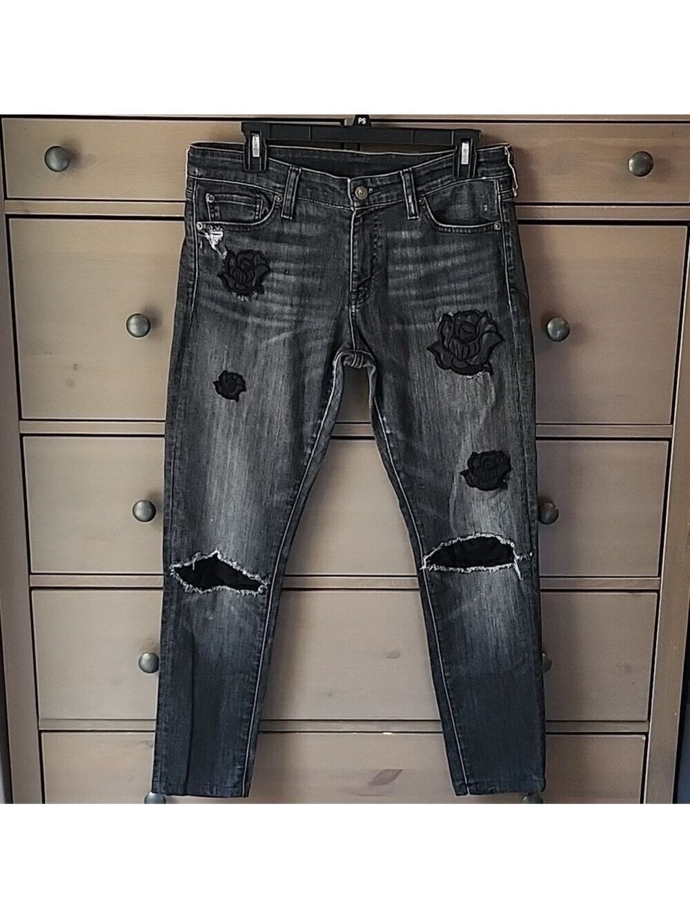 Denim Supply Ralph Lauren Black Skinny Jeans DISTRESSED Black Rose Applique